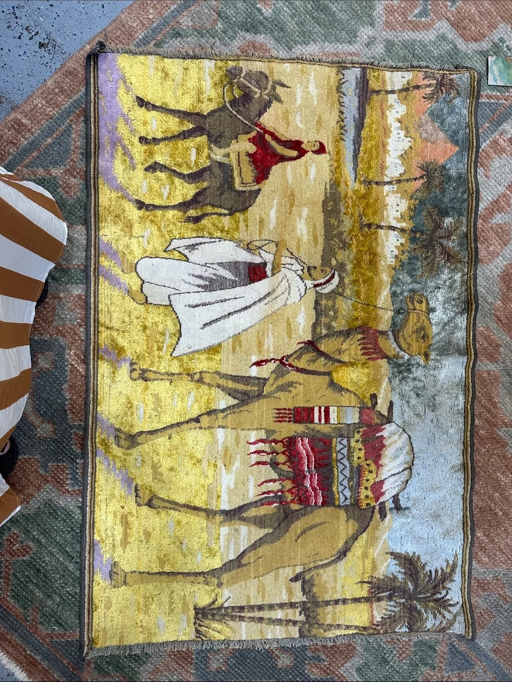 Vintage Camel Caravan Wall Tapestry velvet feel Rug in Gold and Beige